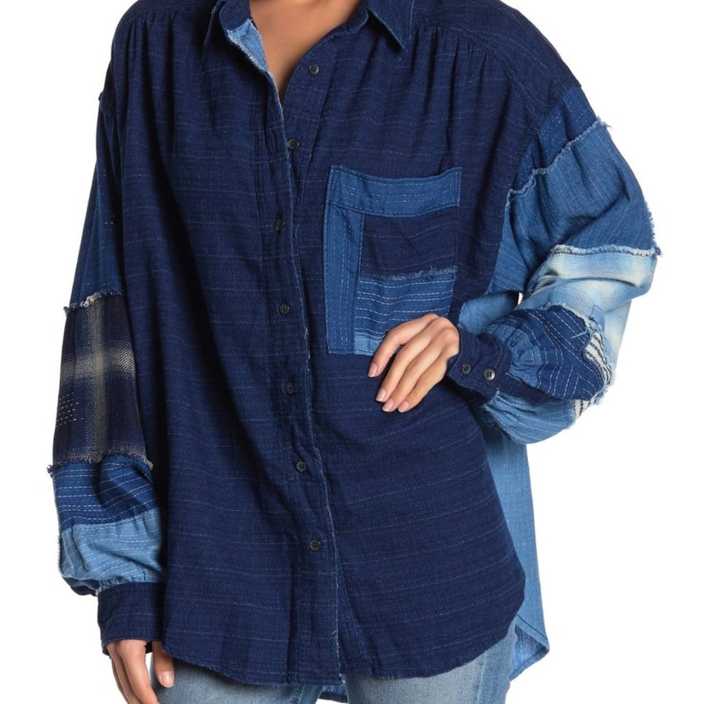 Free People Indigo Sky Button Down Patchwork Shirt